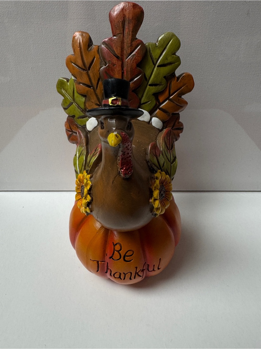 Thanksgiving Turkey Figurine on Pumpkin with "Be Thankful " Text(New)